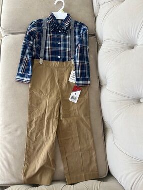 Boys size 4 matching outfit set new nwt khaki pants slacks suspenders bow tie